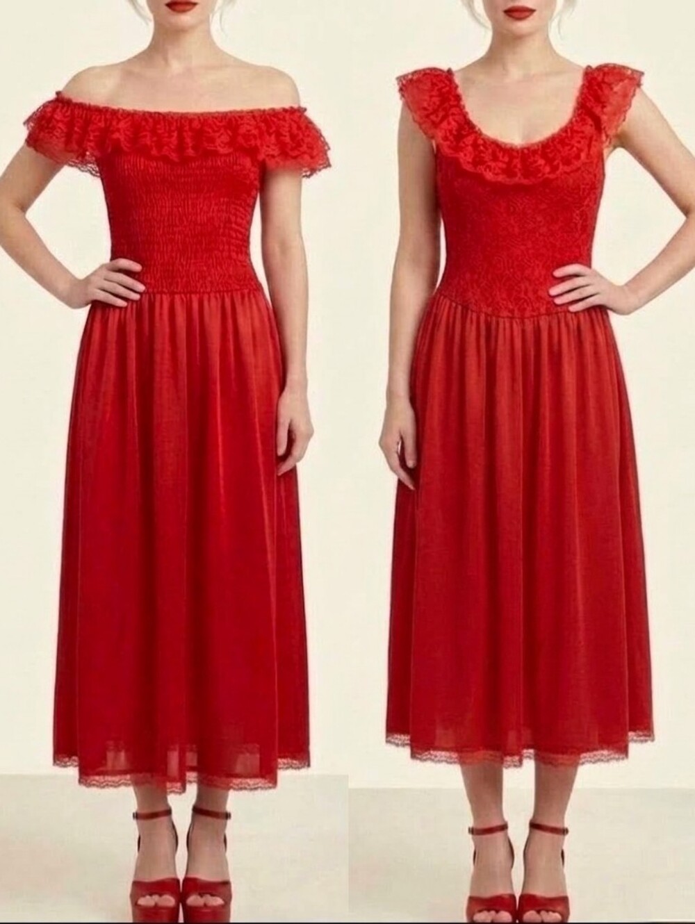 Vtg 80s Stroke Midnight red lace ruffle on off shoulder silk lingerie dress L